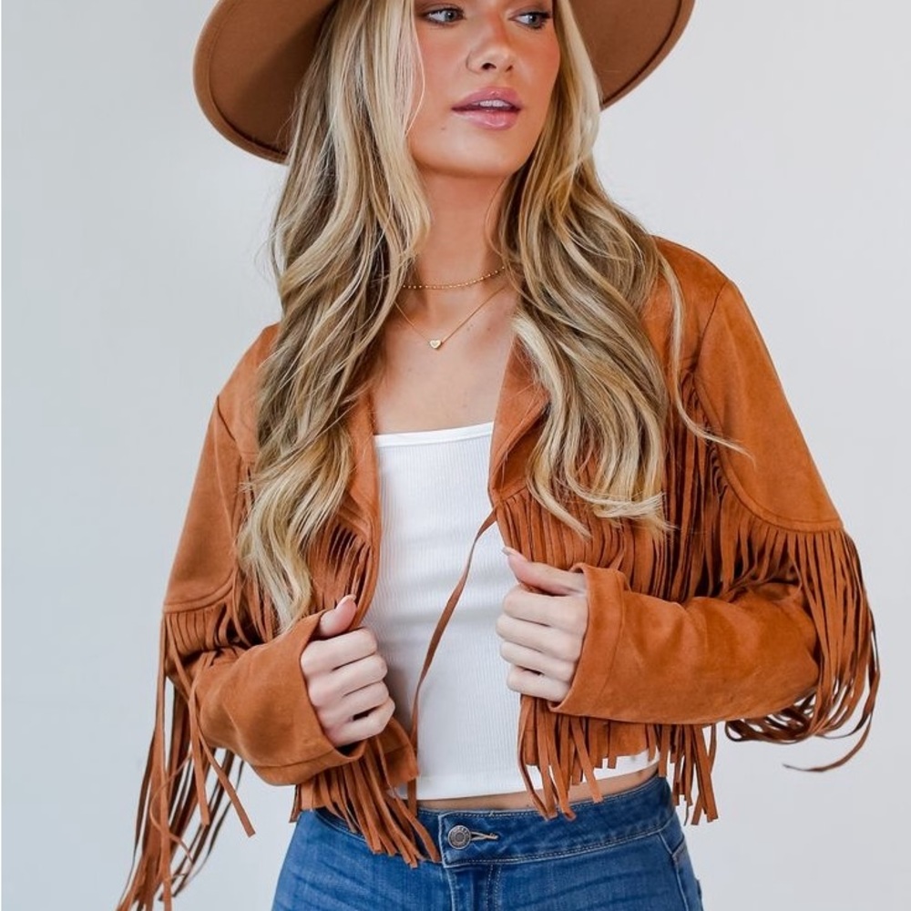 New Fringe Camel Brown Open Front Western Jacket
